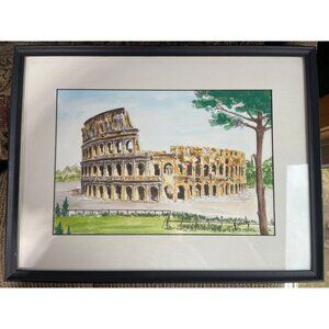 Vintage Signed Colosseum Watercolor Painting With Black Frame & Matte